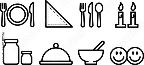 Black outline style dinner plate with cutlery, two candles, and smiley face icons