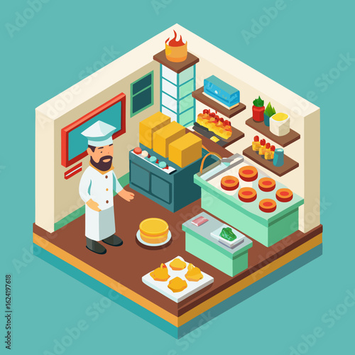 Chef in a modern kitchen preparing food with isometric view