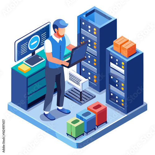 It technician working with servers and laptop in data center