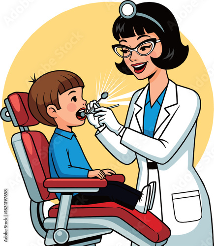 A cheerful female dentist, wearing glasses and a white coat, is examining a young boy's teeth in a red dental chair