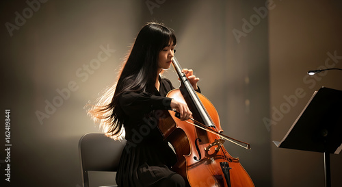 Elegant female cellist playing a classical music piece on stage. A passionate performance illuminated by a dramatic spotlight.
