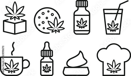 Cannabis Infused Food Line Icons Set, Black Outline Symbols on White, Cooking with Herb