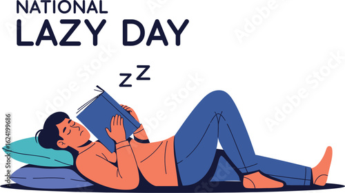 National lazy day illustration of a man lying a bed with a book, perfect for social media posts and greeting cards