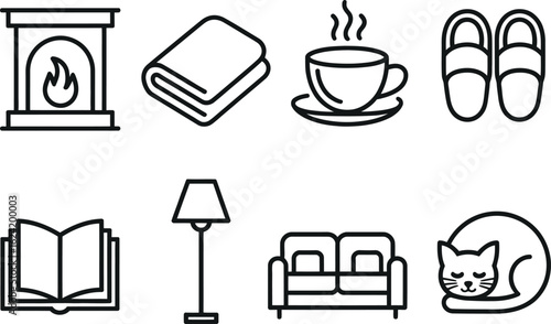 Cozy Living Room Line Icons Set with Fireplace, Blanket, Tea Cup and Sleeping Cat