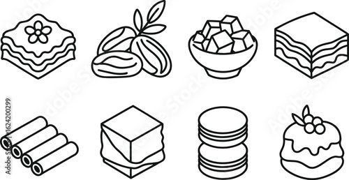 Eastern Sweets Line Art Set, Black Outline Drawing of Pastries and Treats, Transparent