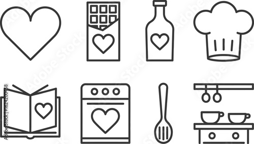 Culinary Love Chef Hat, Open Book, Chocolate, Bottle, Spoon, Oven Icons in Line Art
