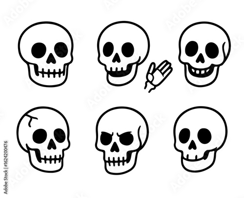 Set of cartoon skull illustrations. Funny and creepy hand-drawn heads in Halloween style. Vector skeleton icons isolated on white.