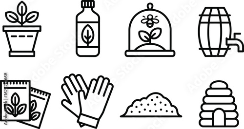 Gardening Outline Icons Set Plant Pot, Fertilizer Bottle, Bee Cloche, Beehive