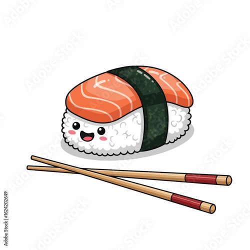 Adorable cartoon salmon nigiri sushi with chopsticks.