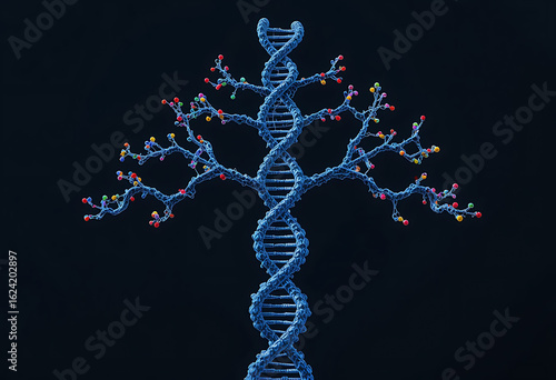 Abstract glowing blue dna helix with branching molecular structures resembling a tree against a dark background symbolizing genetic science and life s code