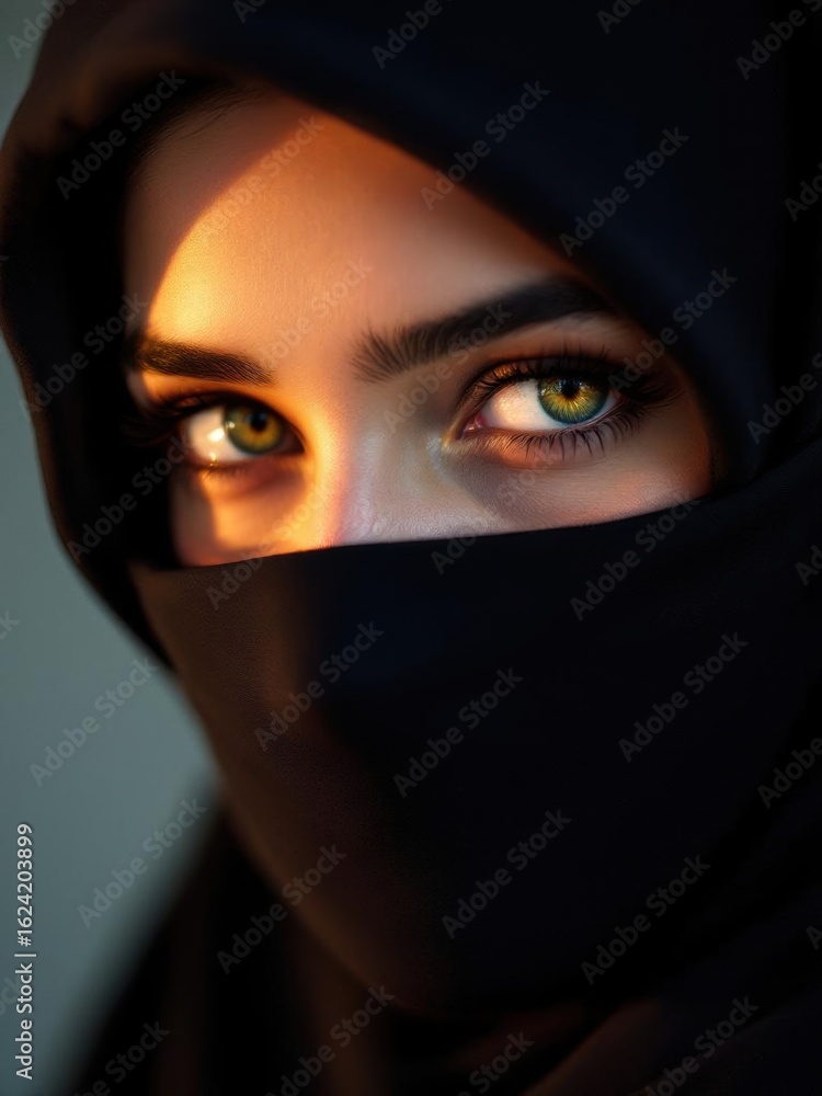 Naklejka premium Close-up portrait of a woman wearing a hijab and face covering