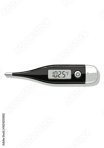 Black digital medical thermometer showing a high fever reading of 1025 degrees Fahrenheit.