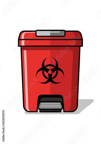 Bright red biohazard disposal bin with a black warning symbol and foot pedal.