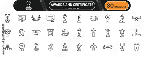 Professional Awards and Certificate Line Icon Set for Achievement and Recognition Purposes