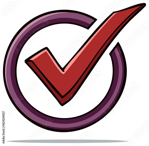 Vibrant red checkmark icon inside a purple circle representing approval verification and completion