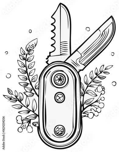 Line art illustration of a multi-tool pocket knife and floral elements.