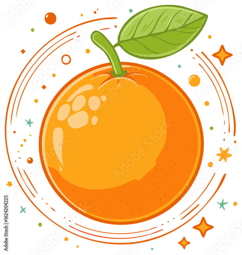 Cartoon orange fruit illustration with leaf and decorative elements.