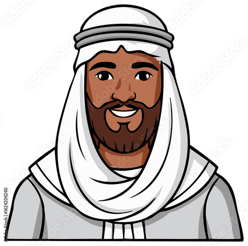 Friendly Arab man with traditional head covering and beard smiling in cartoon style