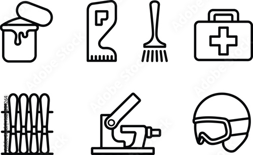Line Art Icon Set with Paint, Scraper, Brush, First Aid, Ski, Letterpress on White