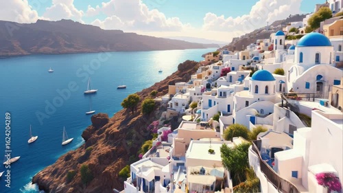 Picturesque view of santorini island buildings with sailboats on the aegean sea