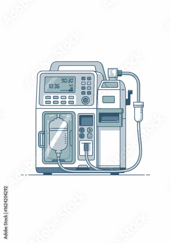 Portable medical dialysis machine with digital display and tubes Flat line art vector illustration.