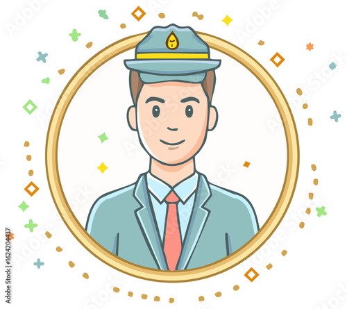 Cartoon illustration of a smiling man in a ranger uniform and hat inside a decorated gold circle.