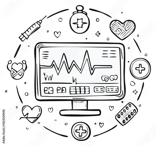 Hand drawn medical monitor displaying a heart rate surrounded by health and healthcare icons