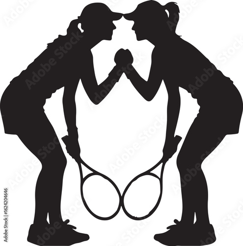 Vector silhouette icon: two female tennis players, powerful, strong, sportsmanship sign, symbol of teamwork and competition.