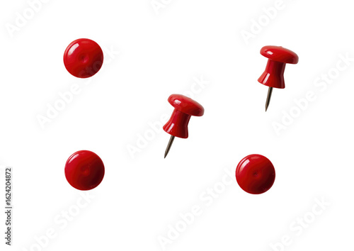 Five red pushpins arranged on a black background.  Four are pointed pushpins, one is a round, flat-top pushpin.  Each pushpin is a solid, bright red color