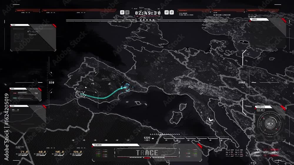 Dark mode digital map interface with tactical overlays, data panels ...