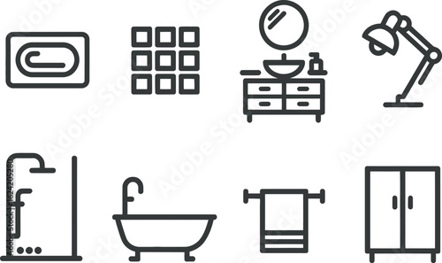 Minimalist Bathroom Interior Icons Soap, Tile, Vanity, Lamp, Shower and More