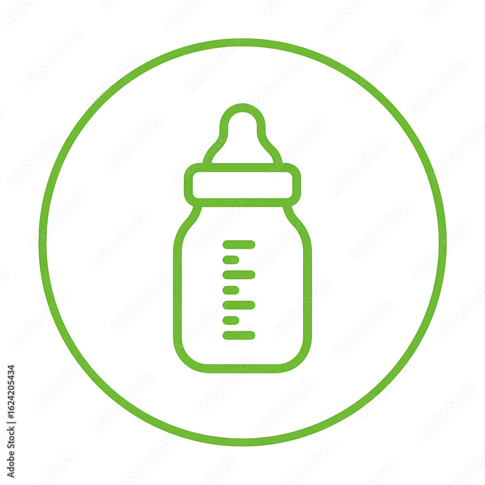 Simple green outline icon of a baby feeding bottle Simple green outline icon of a baby feeding bottle