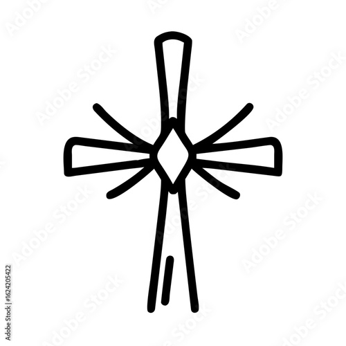 A stylized black and white cross with diamond center and radiating lines on a plain white background