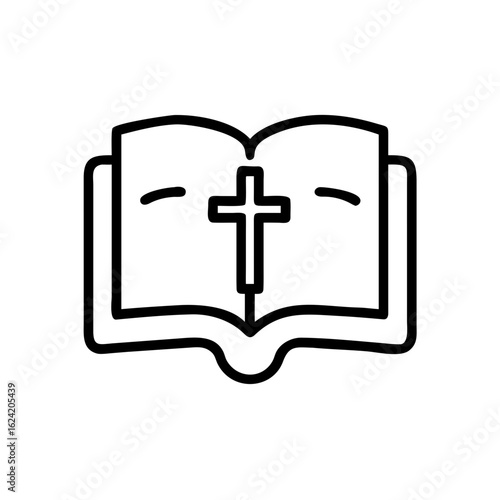 Open book with a cross in the center in black and white line art style simple and clean illustration