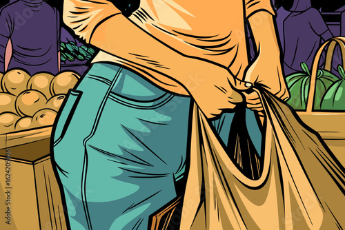 Close-up of a woman holding a reusable bag filled with seasonal vegetables at a vibrant farmers market, surrounded by fresh produce and warm daylight ambiance