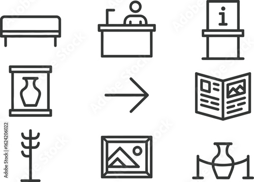 Museum Icons Set Minimalist Line Art Depicting Interior Objects on Transparent