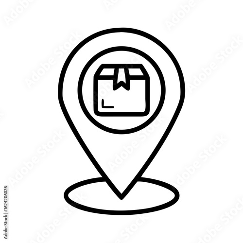 Location pin icon with a box inside a circle showing delivery location in black and white outline style