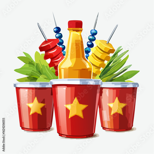 Red plastic cups with stars, skewers topped with vegetables, and condiment bottles for outdoor grilling, perfect for festive Labor Day celebrations and summer gatherings