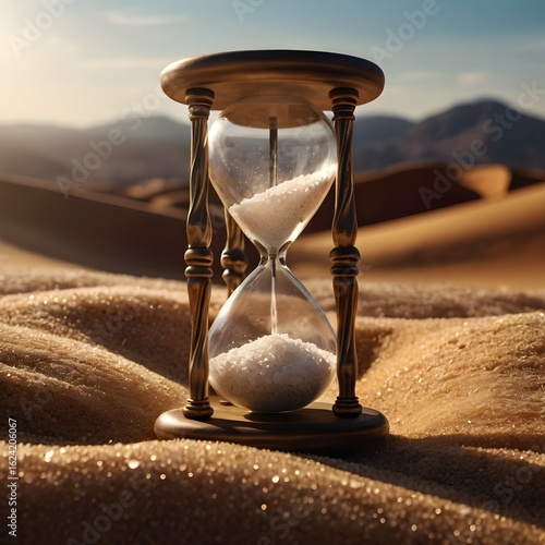 Surreal close-up of fine salt grains flowing through a transparent hourglass into a miniature desert landscape at bottom, dramatic warm light, texture-rich detail,Generative Ai
