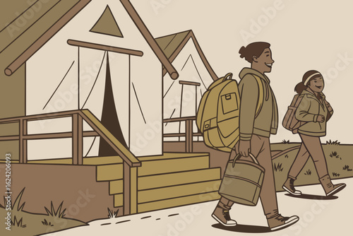 Friends arriving at glamping site with canvas tents and wooden decks, carrying reusable bags, enjoying outdoor adventure and nature experience with copy space