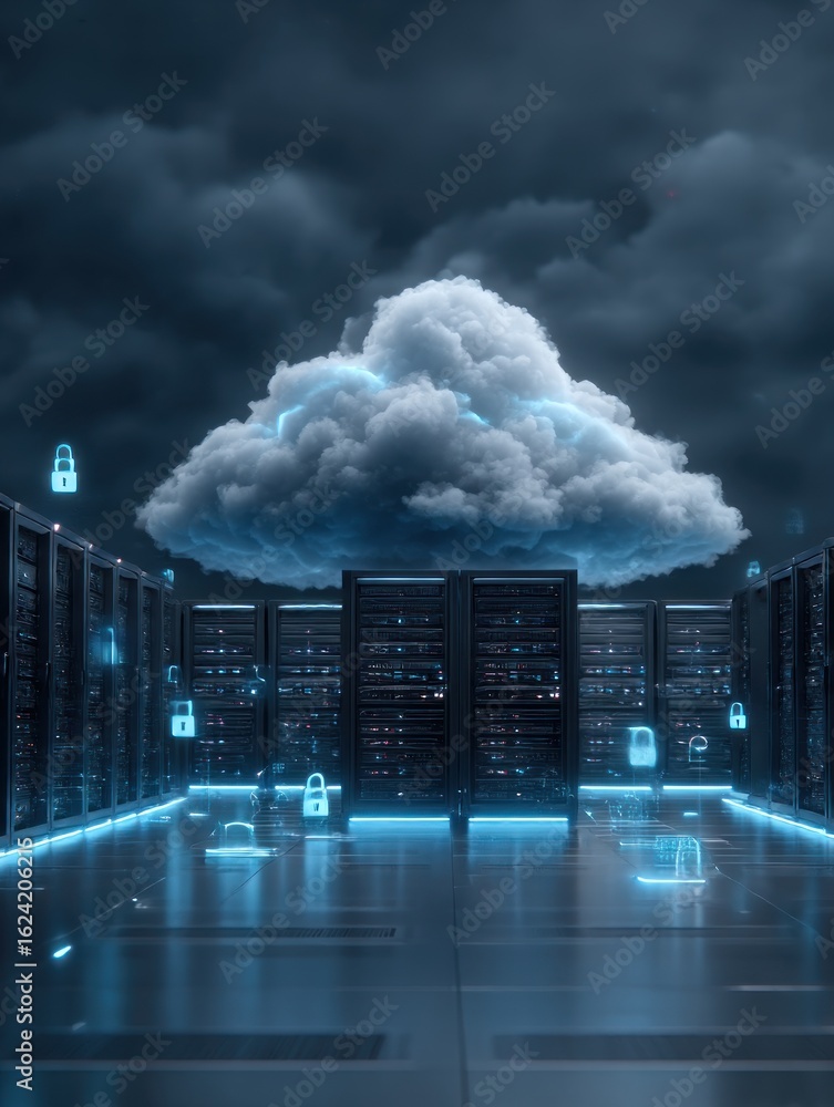 Fototapeta premium Futuristic server room with cloud