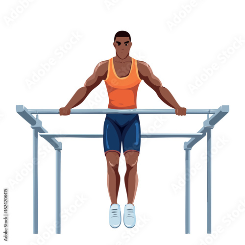 Athletic man performing a calisthenics workout on parallel bars, a vector illustration of strength training and fitness.
