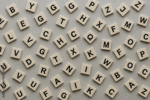 Scrabble tiles scattered randomly on a gray surface