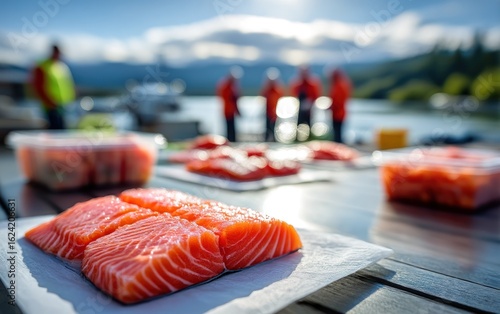 Fresh salmon fillets on a table outdoors