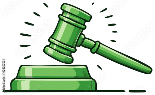Green Gavel Striking a Block Symbolizing Justice Law and Judgment with Sound Lines