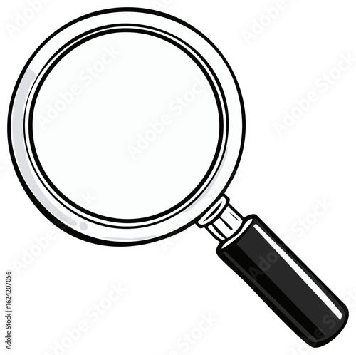 Simple black and white cartoon magnifying glass icon illustration for search and discovery concepts