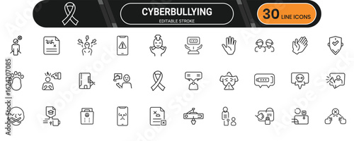 Cyber bullying Awareness Line Icon Set for Safe Internet Practices and Online Protection Resources