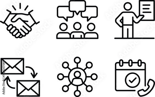 Outline Icon Set with Handshake, Speech Bubbles, Presentation, Email, Network, Date