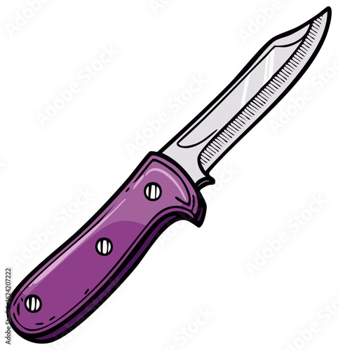 Cartoon Style Hunting Knife with Sharp Blade and Purple Handle Vector Illustration