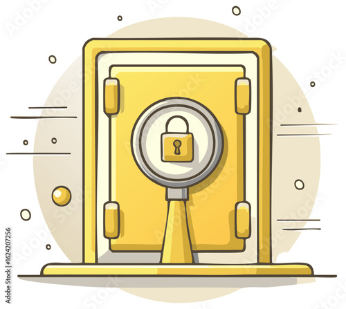Secure yellow safe box illustration with magnifying glass highlighting a lock icon